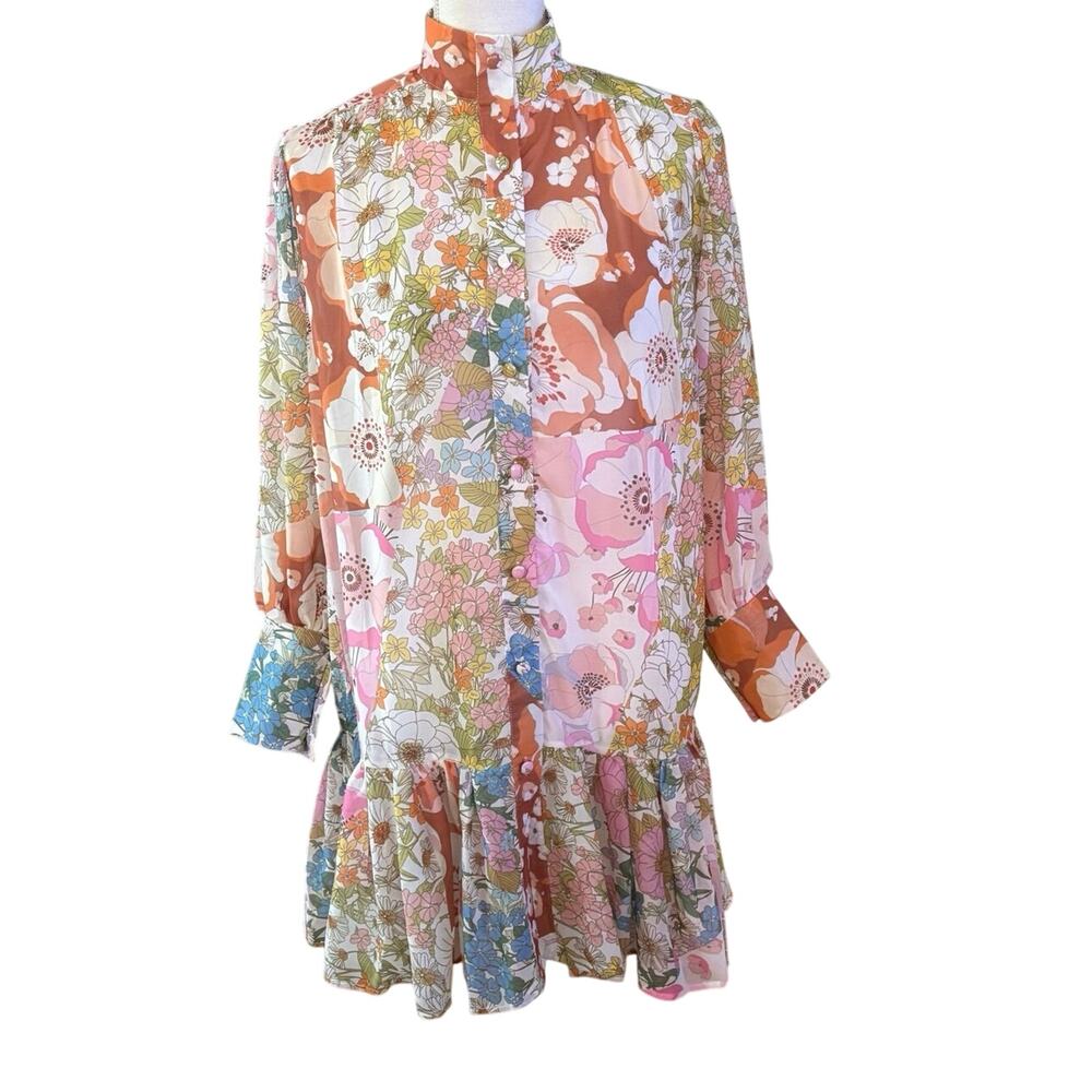 🌻 2/$20 NEW Meena Cuties S Floral Patchwork Chiffon Mini Dress Button Sheer
